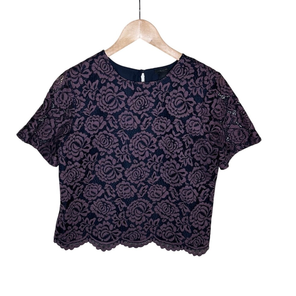 Ann Taylor Floral Lace Short Sleeve Cropped Blouse size XS Purple/Blue